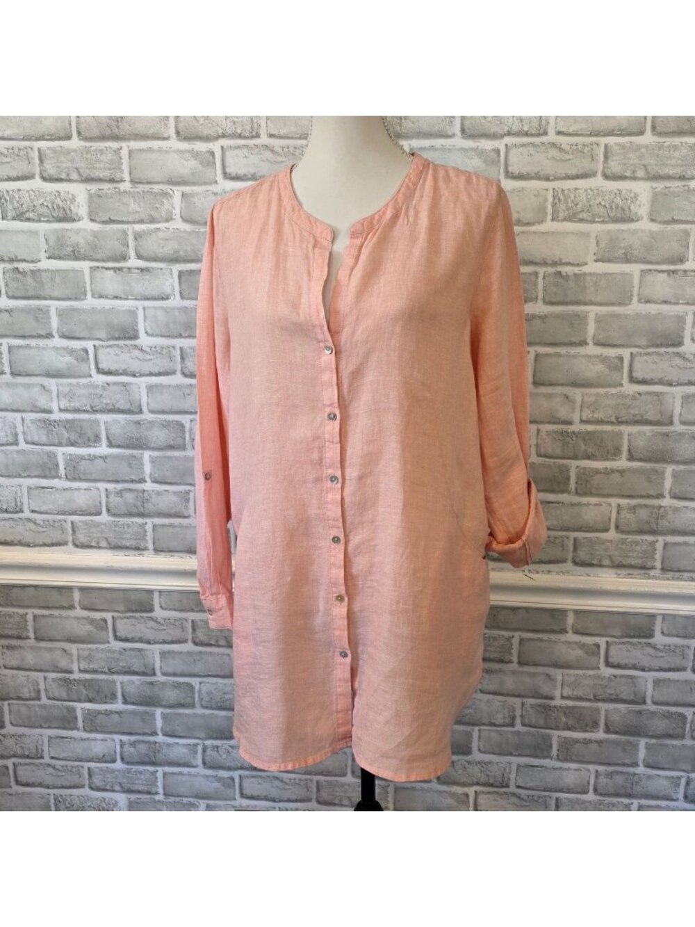Sigrid Olsen 100% Linen Coastal Tunic Pockets Peach Pink Resort Button Up Large